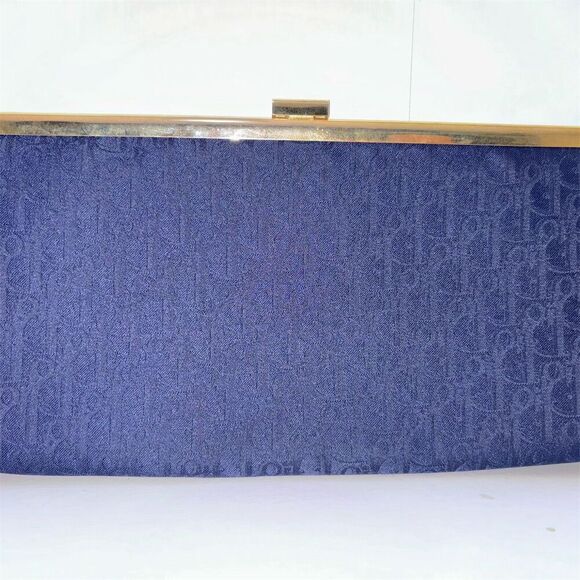 Christian Dior Vintage Trotter Clutch Handbag Navy Blue Canvas Gold Hardware - Picture 2 of 6